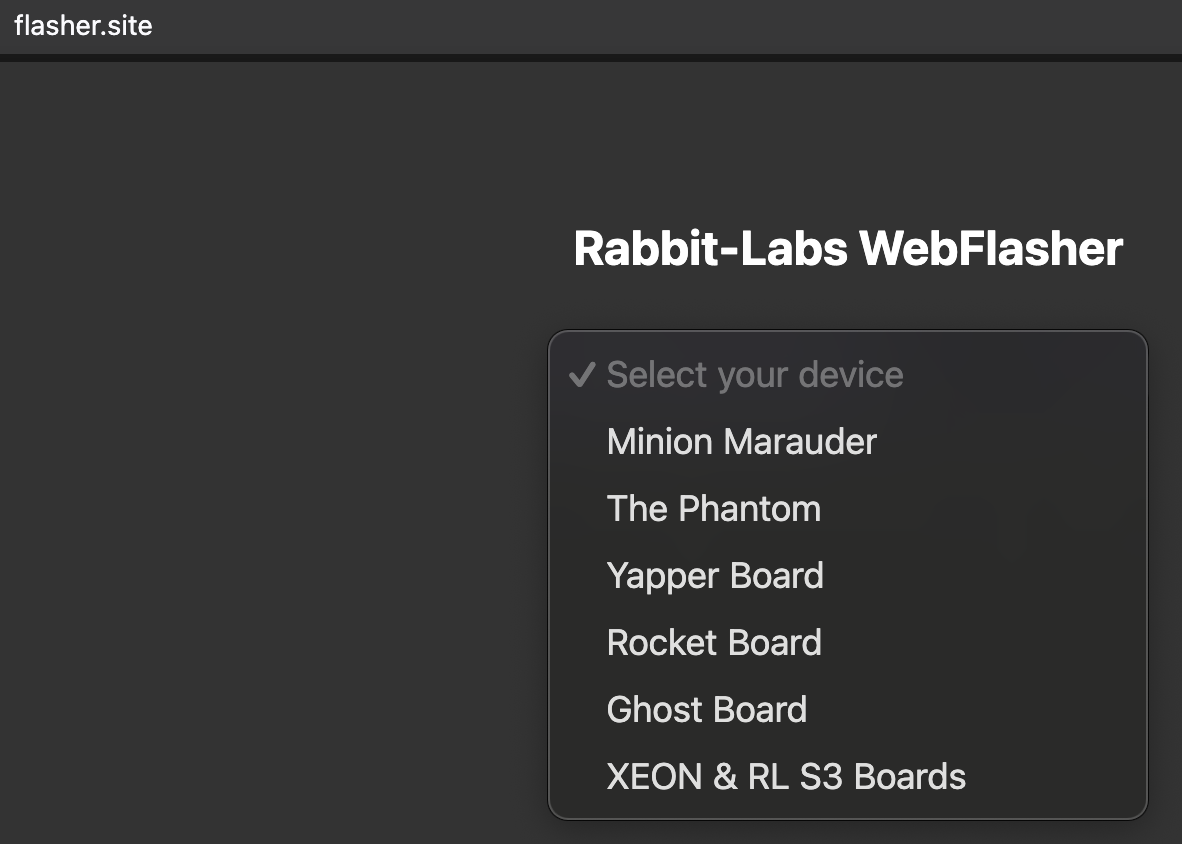 Rabbit-Labs WebFlasher Device Options Devices for Flasher.site