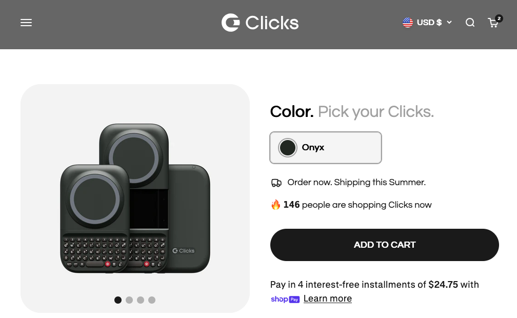 Clicks Power Keyboard page screenshot