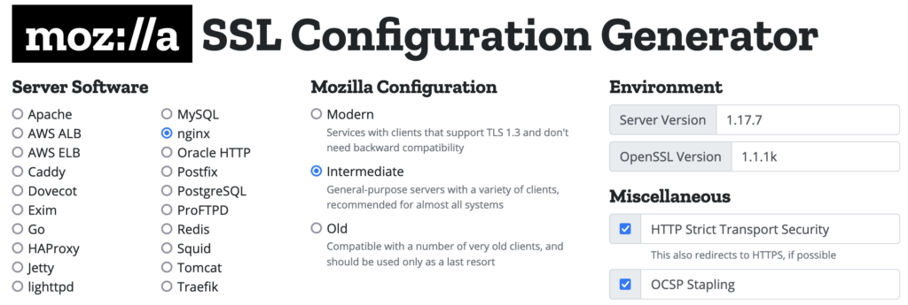 Screenshot of the Mozilla SSL Configuration Generator page.